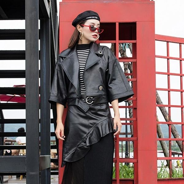 women's leather & faux fashion women short sleeve sheepskin jacket loose street coat collar back, Black
women's leather & faux fashion women short sleeve sheepskin jacket loose street coat collar back, Black