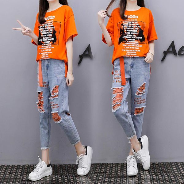 fashion suits with big yards female summer short sleeve t-shirt letters hole in nine minutes of pants two-piec women's two piece, White
fashion suits with big yards female summer short sleeve t-shirt letters hole in nine minutes of pants two-piec women's two piece, White