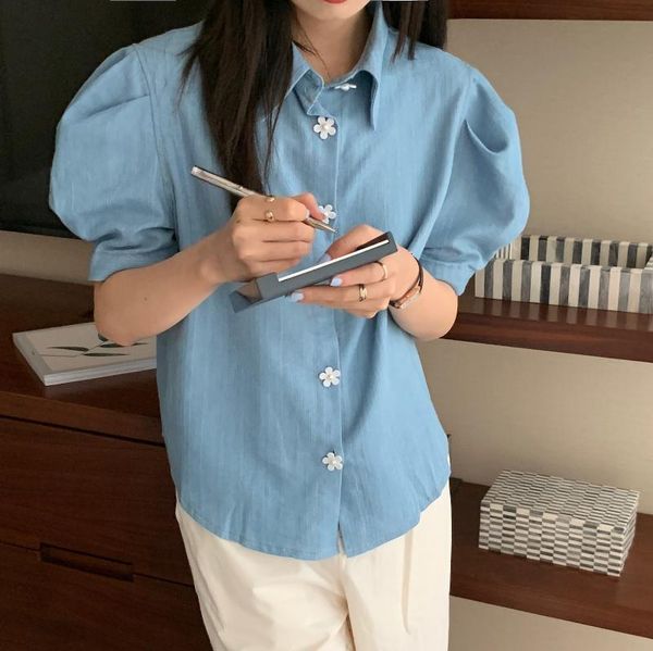 women's blouses & shirts fashion puff short sleeve denim women summer floral single breasted button blouse shirt you671, White
women's blouses & shirts fashion puff short sleeve denim women summer floral single breasted button blouse shirt you671, White