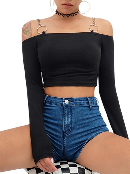 women's t-shirt slim metal chain off shoulder exposed belly button long sleeve (s//l, White
women's t-shirt slim metal chain off shoulder exposed belly button long sleeve (s//l, White