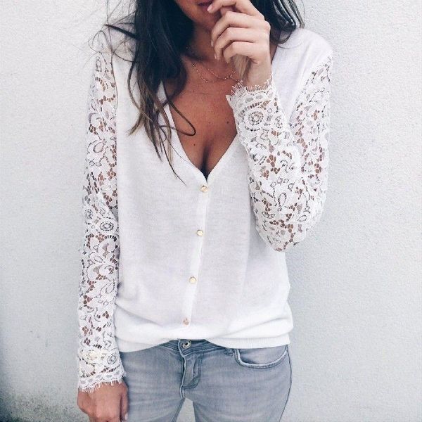 fashion autumn long sleeve women shirt elegant loose casual lace v neck solid color, White
fashion autumn long sleeve women shirt elegant loose casual lace v neck solid color, White