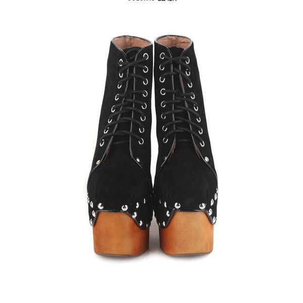 boots est real suede rivets studs platform lace up ankle square wood heel super high black short booties
boots est real suede rivets studs platform lace up ankle square wood heel super high black short booties