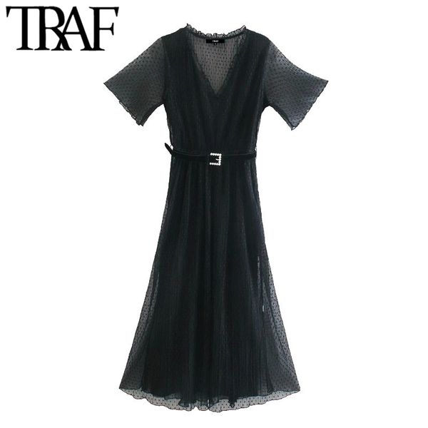 traf women chic fashion with belt dotted mesh midi dress vintage v neck short sleeve elastic waist female dresses mujer 210415, Black;gray
traf women chic fashion with belt dotted mesh midi dress vintage v neck short sleeve elastic waist female dresses mujer 210415, Black;gray