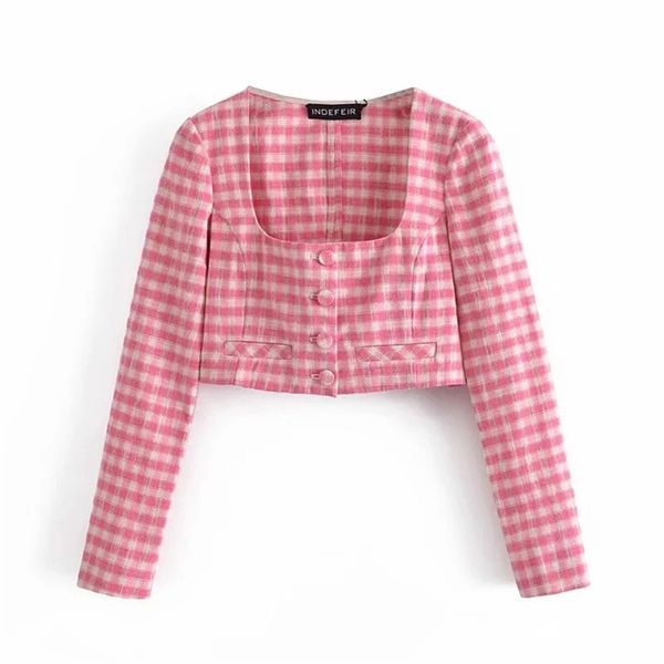 woman summer female square collar sweet pink plaid short shirt close-fitting long-sleeved 210531, Black;white
woman summer female square collar sweet pink plaid short shirt close-fitting long-sleeved 210531, Black;white