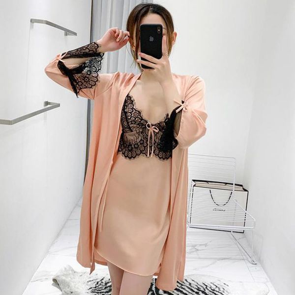 women's sleepwear orange nightgown 2pcs women black lace robe set nightdress casual satin kimono bath gown v-neck intimate lingerie, Black;red