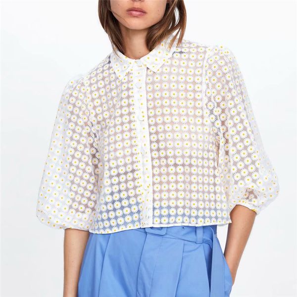 women sweet floral print crop three quarter puff sleeve turn down collar transparent female causal blouse 210430, White
women sweet floral print crop three quarter puff sleeve turn down collar transparent female causal blouse 210430, White
