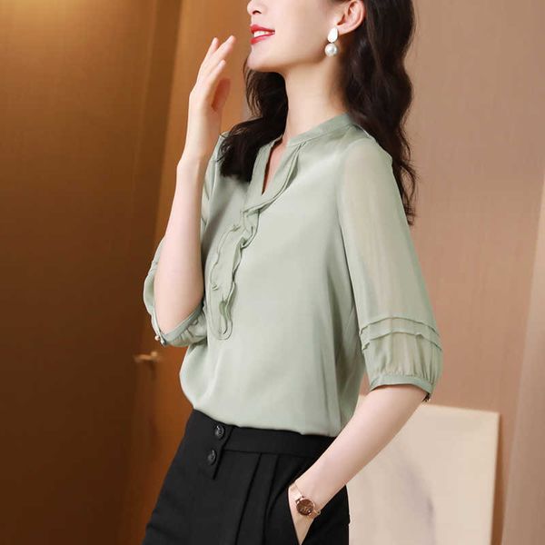korean women's shirt silk blouses for women half sleeve female green open collar blouse woman ol 210604, White
korean women's shirt silk blouses for women half sleeve female green open collar blouse woman ol 210604, White
