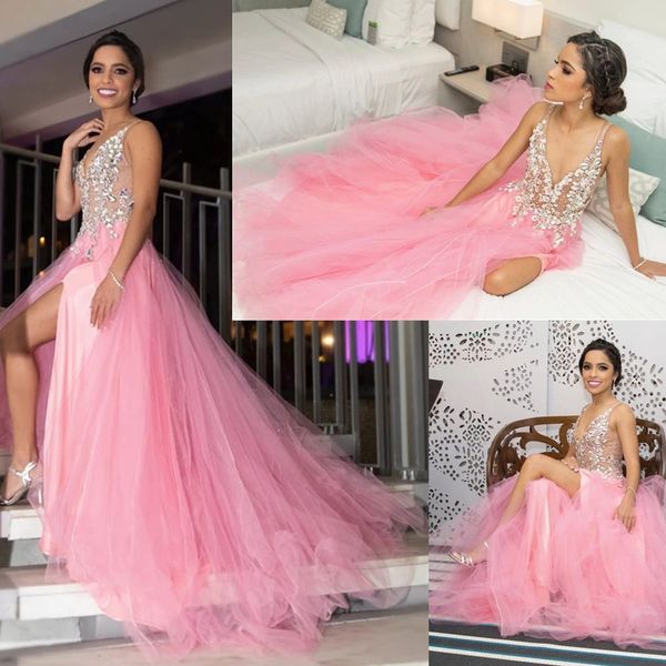 spaghetti straps v neck tulle a line prom dresses lace applique split see through back floor length formal party evening gowns, Black
spaghetti straps v neck tulle a line prom dresses lace applique split see through back floor length formal party evening gowns, Black