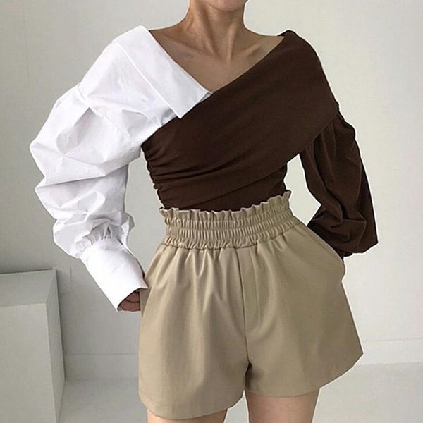 women's t-shirt superaen contrast asymmetrical patchwork v neck puff sleeve sweater woman tshirts, White
women's t-shirt superaen contrast asymmetrical patchwork v neck puff sleeve sweater woman tshirts, White