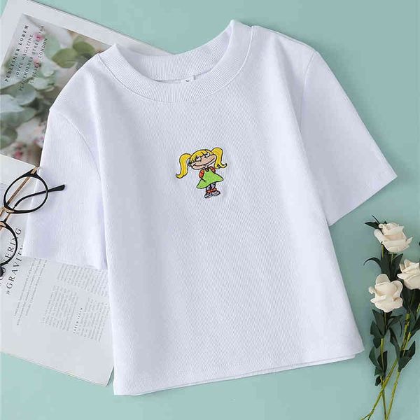women summer casual girl print knitted t-shirts female fashion embroidery cartoon short sleeve white tee femme 210421
women summer casual girl print knitted t-shirts female fashion embroidery cartoon short sleeve white tee femme 210421