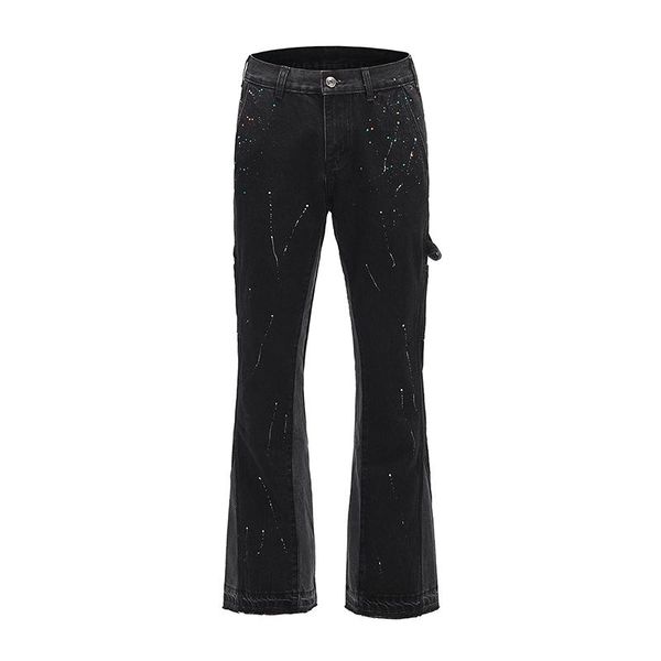 men's jeans high street retro spotted ink contrast color flared pants male wide leg plus size patchwork ripped denim trousers, Blue
men's jeans high street retro spotted ink contrast color flared pants male wide leg plus size patchwork ripped denim trousers, Blue