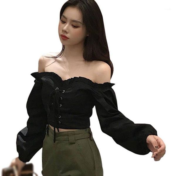 women's blouses & shirts 2021 spring one neck off shoulder lace up short two wear high waist shirt soft sweet knitted with bubble sleev, White
women's blouses & shirts 2021 spring one neck off shoulder lace up short two wear high waist shirt soft sweet knitted with bubble sleev, White
