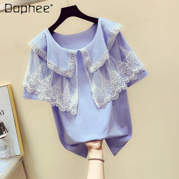 women's t-shirt 2021 spring and summer korean style loose half sleeve lace mesh stitching doll collar cotton linen for women, White
women's t-shirt 2021 spring and summer korean style loose half sleeve lace mesh stitching doll collar cotton linen for women, White