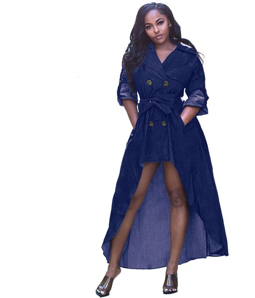 dark blue denim women elegant lapel neck sleeves bow sash double buttons short front long back fashion lady es real image, Black;gray
dark blue denim women elegant lapel neck sleeves bow sash double buttons short front long back fashion lady es real image, Black;gray
