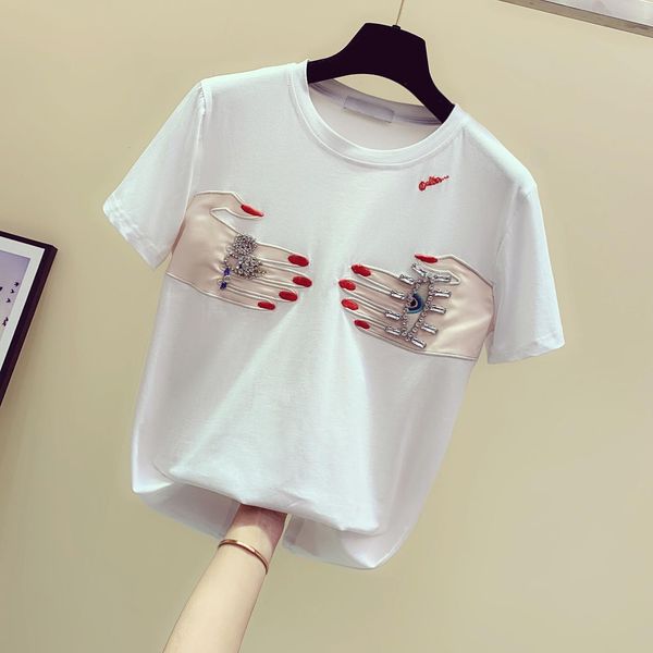 v neck spring summer women t shirt short sleeve korean fashionable personality water drill two hand patterned lady tees, White
v neck spring summer women t shirt short sleeve korean fashionable personality water drill two hand patterned lady tees, White