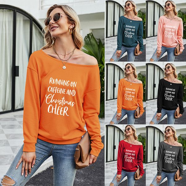 2021 autumn winter women's diagonal shoulder long sleeve letter printed loose casual sweater, Black
2021 autumn winter women's diagonal shoulder long sleeve letter printed loose casual sweater, Black