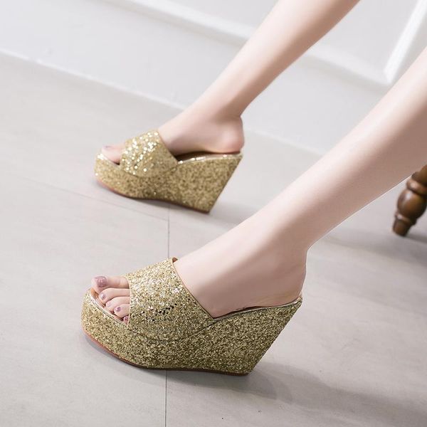 12cm wedge super high heel sandals sequins waterproof platform non-slip women's fish mout cbwv slippers, Black
12cm wedge super high heel sandals sequins waterproof platform non-slip women's fish mout cbwv slippers, Black