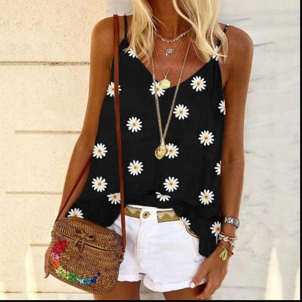 sling summer casual t shirt women tanks print floral sleeveless clothing soft comfortable loose beach female tank, White