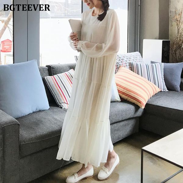 casual dresses bgteever elegant loose white chiffon women dress 2021 spring full sleeve pleated female korean o-neck midi vestidos femme, Black;gray 
casual dresses bgteever elegant loose white chiffon women dress 2021 spring full sleeve pleated female korean o-neck midi vestidos femme, Black;gray