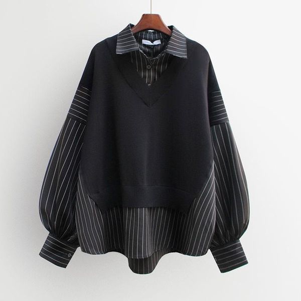 women's blouses & shirts 2021 autumn korea fashion women long sleeve loose patchwork fake two piece stripe casual big size m688, White