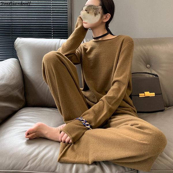 women's two piece pants cashmere knitted women 2 set pullover slash neck long loose sweater wide leg pant elegant office lady suit 2021, White
women's two piece pants cashmere knitted women 2 set pullover slash neck long loose sweater wide leg pant elegant office lady suit 2021, White