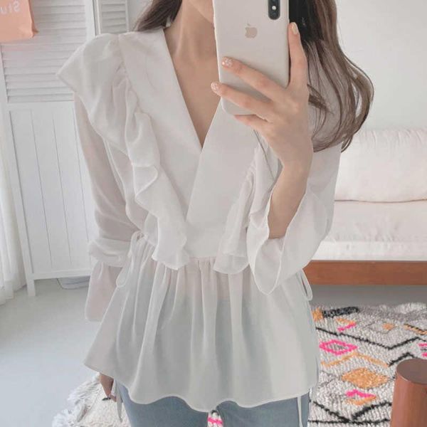 women's blouses & shirts very fairy spring sweet v-neck ruffle temperament chiffon shirt female han fan gentle wind waist, White
women's blouses & shirts very fairy spring sweet v-neck ruffle temperament chiffon shirt female han fan gentle wind waist, White