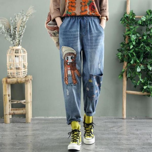 women 2021 spring korea vintage embroidery little girl patch jeans lady high waist denim pants female loose harem p2277 women's, Blue
women 2021 spring korea vintage embroidery little girl patch jeans lady high waist denim pants female loose harem p2277 women's, Blue
