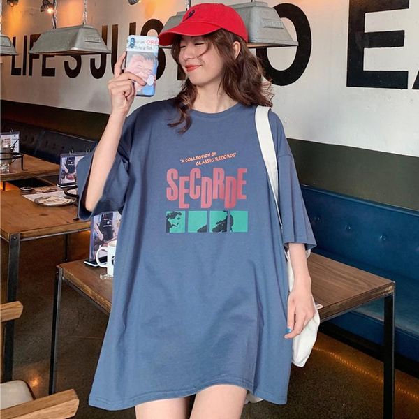 women's t-shirt summer women blue brand letter print cotton t shirts female o-neck short sleeve tshirt casual loose solid tees, White 
women's t-shirt summer women blue brand letter print cotton t shirts female o-neck short sleeve tshirt casual loose solid tees, White