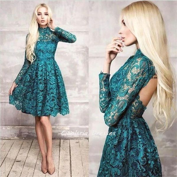 party dresses green high neck full lace mini homecoming long sleeve open back short cocktail graduation dress, White;black
party dresses green high neck full lace mini homecoming long sleeve open back short cocktail graduation dress, White;black