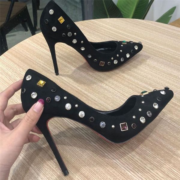 fashion women pumps black suede diamond strass point toe high heels party shoes bride weeding dress