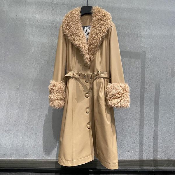 women's leather & faux long trench coat genuine sheepskin jacket real mongolian lamb fur collar cuff lady fashion outerwear gt3719, Black
women's leather & faux long trench coat genuine sheepskin jacket real mongolian lamb fur collar cuff lady fashion outerwear gt3719, Black