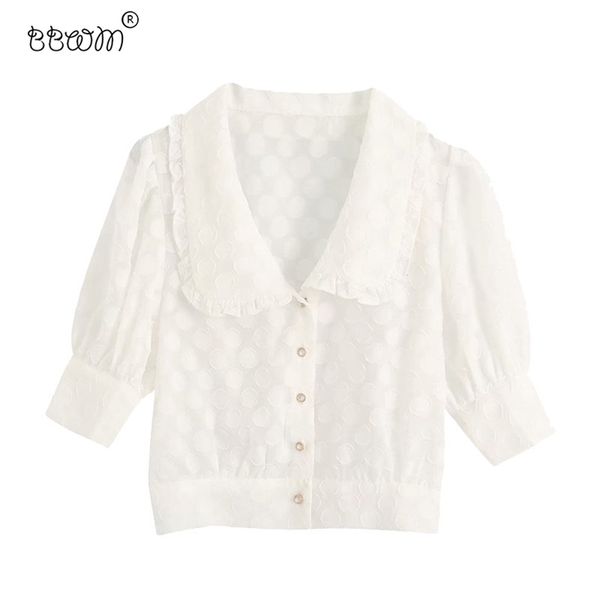 women sweet fashion jacquard ruffles short blouses vintage puff sleeves buttons shirts girls chic 210531, White
women sweet fashion jacquard ruffles short blouses vintage puff sleeves buttons shirts girls chic 210531, White