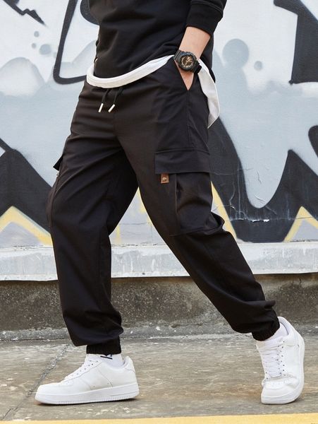 men flap pocket drawstring waist pants a3yj#, Black
men flap pocket drawstring waist pants a3yj#, Black