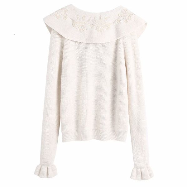 sweaters loose solid color long-sleeved neckline embroidered sweater women's vintage lotus sleeve lapel hedging chic female, White;black
sweaters loose solid color long-sleeved neckline embroidered sweater women's vintage lotus sleeve lapel hedging chic female, White;black