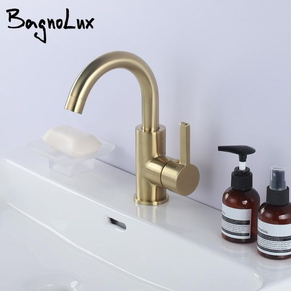 bathroom sink faucets brushed gold brass deck mounted single bracket hole mixed cold and water basin mixer faucet 
bathroom sink faucets brushed gold brass deck mounted single bracket hole mixed cold and water basin mixer faucet