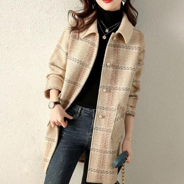 women's wool & blends 2021 winter woolen overoat casual long-sleeved lapel coat women fashion plaid mid-length jacket office ladies ol, Black
women's wool & blends 2021 winter woolen overoat casual long-sleeved lapel coat women fashion plaid mid-length jacket office ladies ol, Black