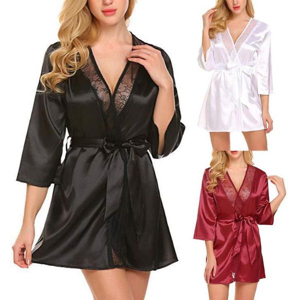 women's sleepwear women solid color v neck 3/4 sleeve lace stitching belt loose nightgown, Black;red
women's sleepwear women solid color v neck 3/4 sleeve lace stitching belt loose nightgown, Black;red