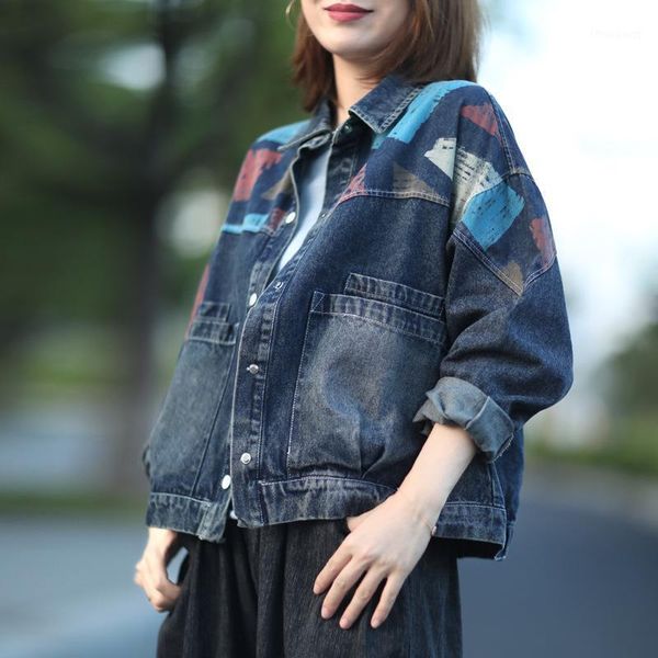 retro denim jacket women's autumn 2021 korean casual loose intellectual and print stitching women jackets, Black;brown
retro denim jacket women's autumn 2021 korean casual loose intellectual and print stitching women jackets, Black;brown
