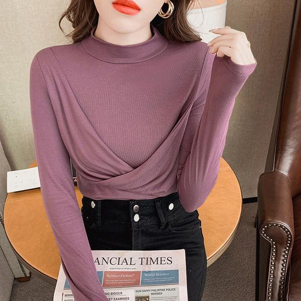 women's t-shirt 2021 irregualr base autumn winter korean slim long sleeve office lady mock neck for women, White
women's t-shirt 2021 irregualr base autumn winter korean slim long sleeve office lady mock neck for women, White