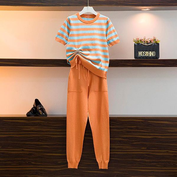 women's two piece pants large size thin striped stitching rope short-sleeved t-shirt and pocket harun set, White
women's two piece pants large size thin striped stitching rope short-sleeved t-shirt and pocket harun set, White