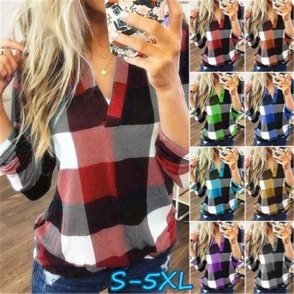 women's t-shirt jysscude spring and autumn women shirt plaid printed female v-neck long sleeve t tshirts, White 
women's t-shirt jysscude spring and autumn women shirt plaid printed female v-neck long sleeve t tshirts, White