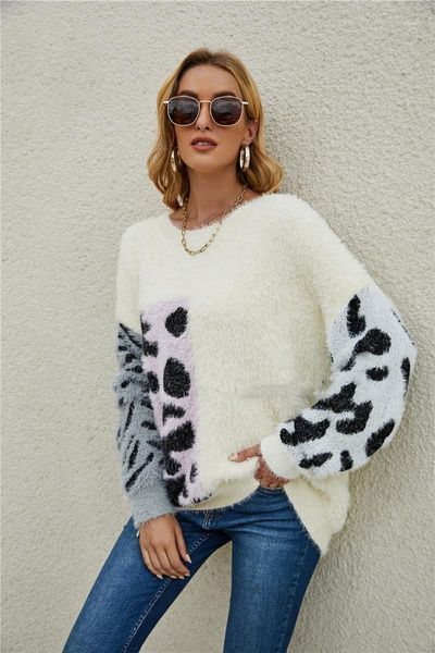women's sweaters 2021 autumn/winter trend thick single-breasted round neck leopard sweater loose large size women, White;black
women's sweaters 2021 autumn/winter trend thick single-breasted round neck leopard sweater loose large size women, White;black