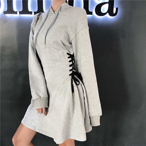arrival spring autumn hooded dresse sides lacing up retro black gray casual mini student short 210601
arrival spring autumn hooded dresse sides lacing up retro black gray casual mini student short 210601