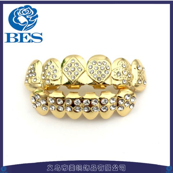 new hip hop diamond inlaid gold teeth playing card decor design spade heart plum blossom square a-shaped braces, Silver
new hip hop diamond inlaid gold teeth playing card decor design spade heart plum blossom square a-shaped braces, Silver