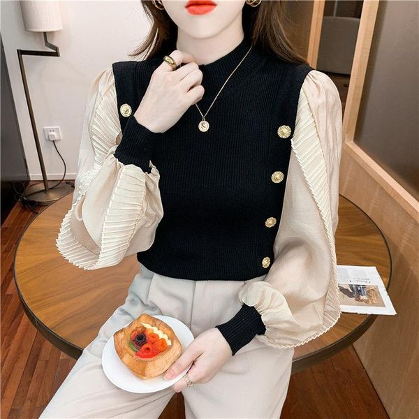 women's sweaters design sense ruffled long-sleeved stitching sweater 2021 autumn and winter temperament all-match thin pullover top, White;black
women's sweaters design sense ruffled long-sleeved stitching sweater 2021 autumn and winter temperament all-match thin pullover top, White;black