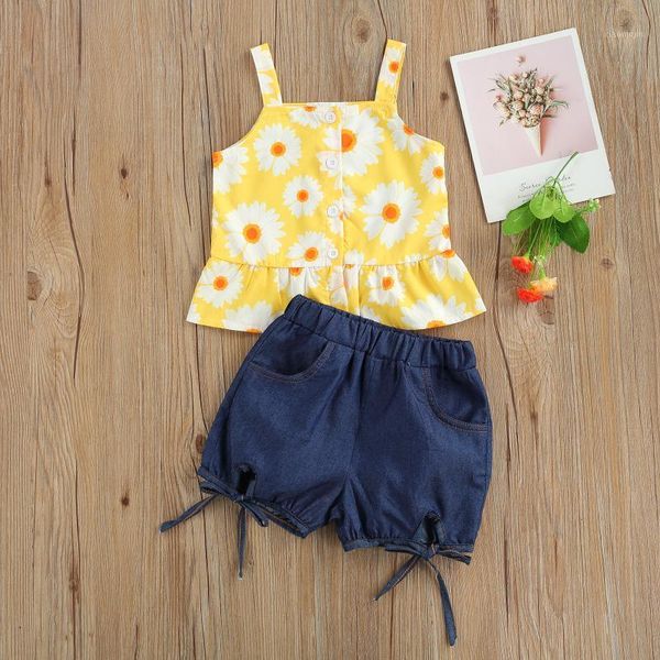 children floral print clothes set, girls sleeveless ruffle hem o-neck sling +shorts jeans with pockets clothing sets, White
children floral print clothes set, girls sleeveless ruffle hem o-neck sling +shorts jeans with pockets clothing sets, White