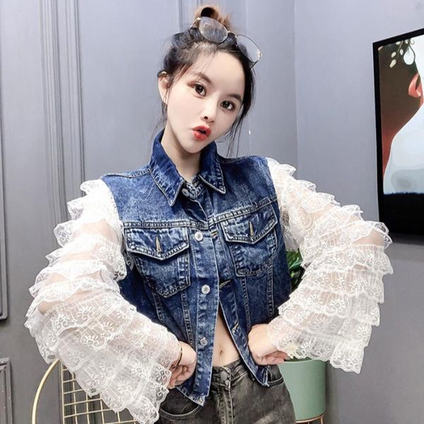women's jackets 2021 spring women streetwear autumn denim outwear lace ruffles long sleeve patchwork coat jeans, Black;brown
women's jackets 2021 spring women streetwear autumn denim outwear lace ruffles long sleeve patchwork coat jeans, Black;brown
