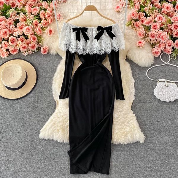 casual dresses elegant women dress eyelash lace spliced slash neck off shoulder long sleeve bow high waist split midi party vestidos, Black;gray
casual dresses elegant women dress eyelash lace spliced slash neck off shoulder long sleeve bow high waist split midi party vestidos, Black;gray