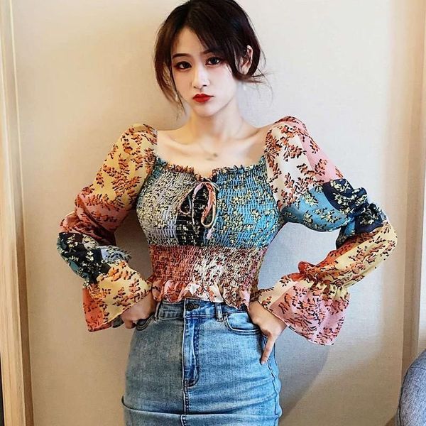 women's blouses & shirts women floral print chiffon patchwork square collar autumn long sleeve, White
women's blouses & shirts women floral print chiffon patchwork square collar autumn long sleeve, White