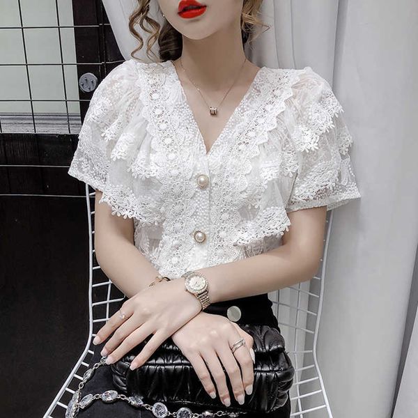 chiffon shirt female summer french v-neck hollow lace stitching polyester regular casual lace 210603, White
chiffon shirt female summer french v-neck hollow lace stitching polyester regular casual lace 210603, White